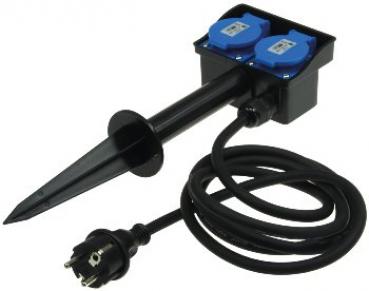 Gartensteckdose mit Erdspieß, 2-fach IP44, 2m Kabel