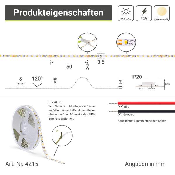 Strip Warmweiß 24V CRI90 LED Streifen 5M 4W/m 140LED/m 3,5mm IP20 3000K